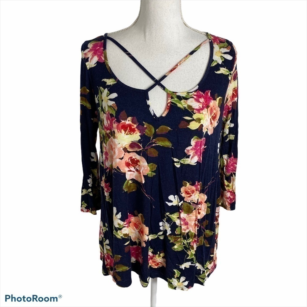 Sweet Claire Floral Blouse Large Blue Pink Top Shirt Criss Cross